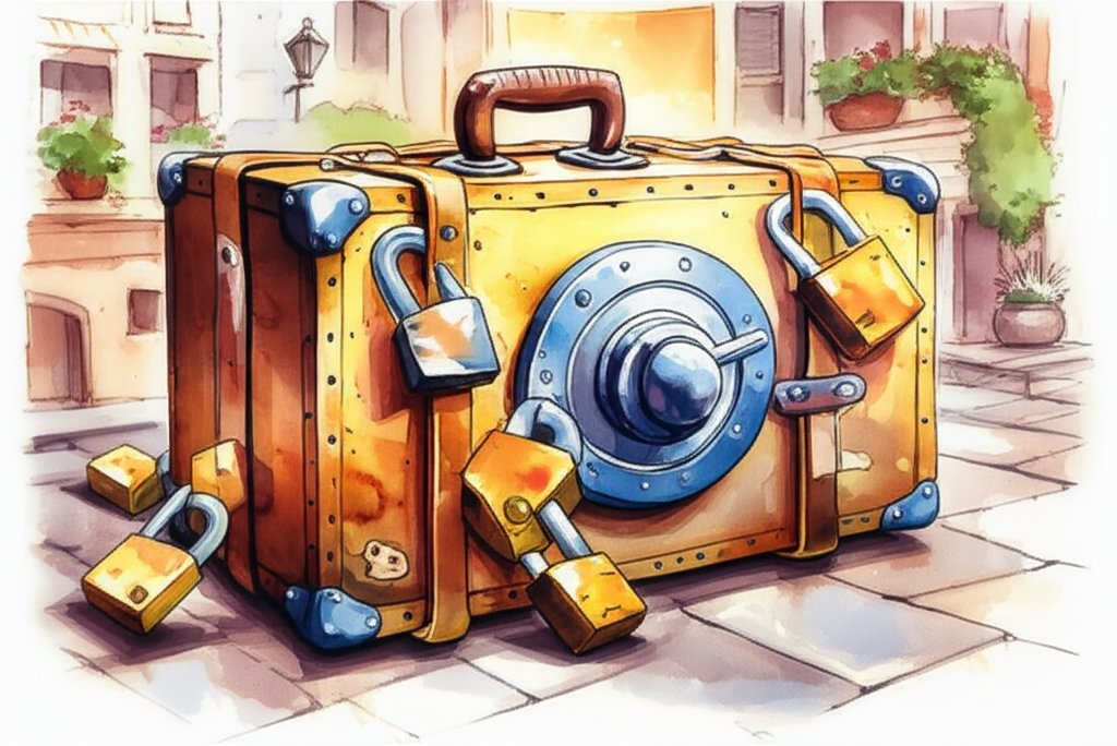 Protect your belongings: Security concept with lock, shield, and safe image.