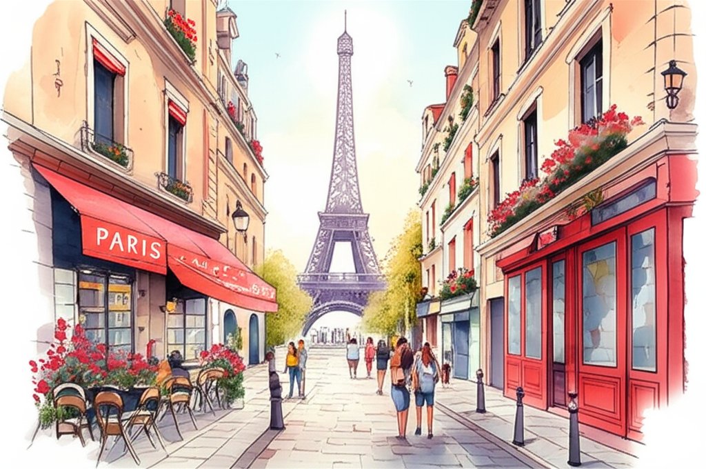 Tourists exploring Paris, iconic landmarks like the Eiffel Tower visible in the background.